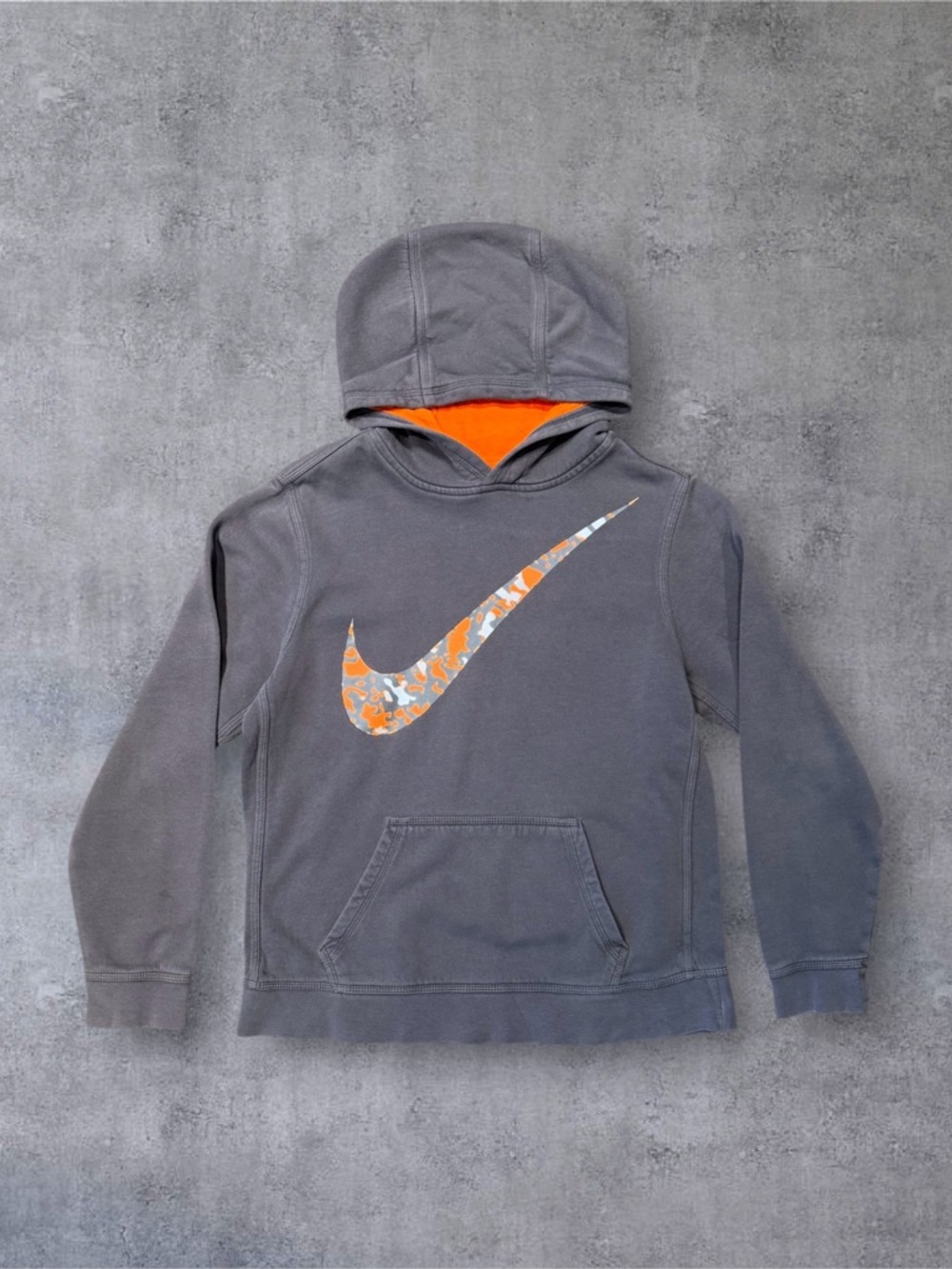 Nike Gray Pullover Hoodie with Orange Lined Hood and Camo Swoosh